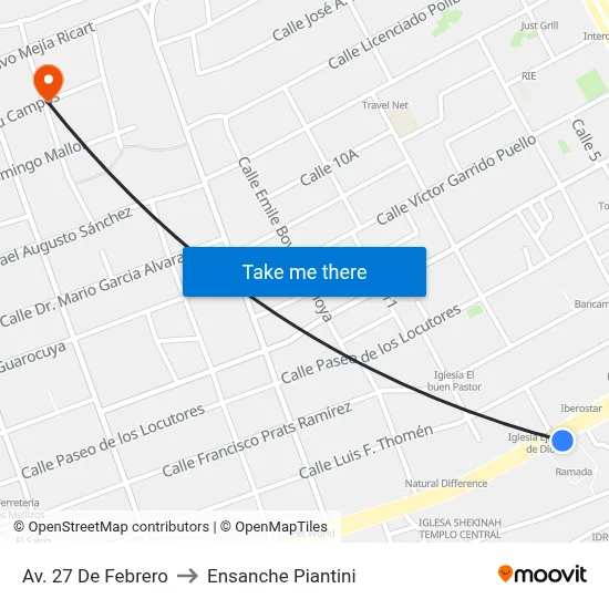 Av. 27 De Febrero to Ensanche Piantini map