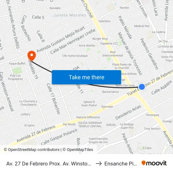 Av. 27 De Febrero Prox. Av. Winston Churchill to Ensanche Piantini map