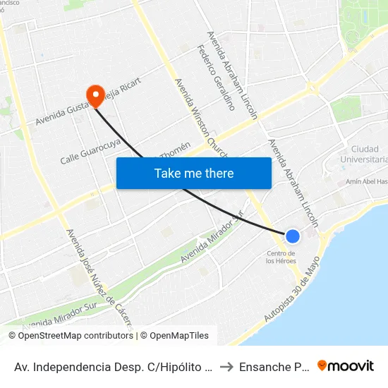Av. Independencia Desp. C/Hipólito Herrera Billini to Ensanche Piantini map