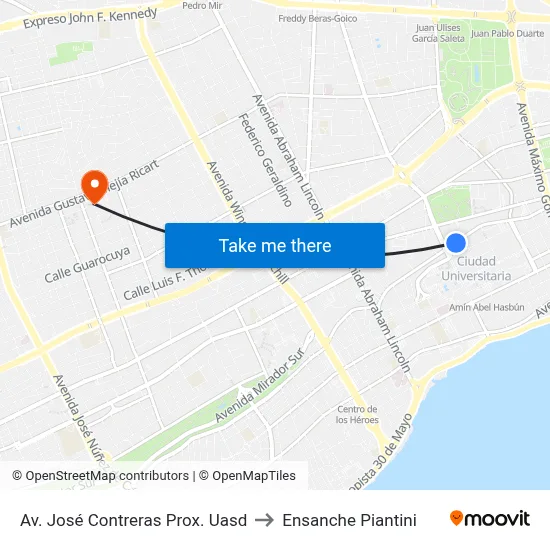 Av. José Contreras Prox. Uasd to Ensanche Piantini map