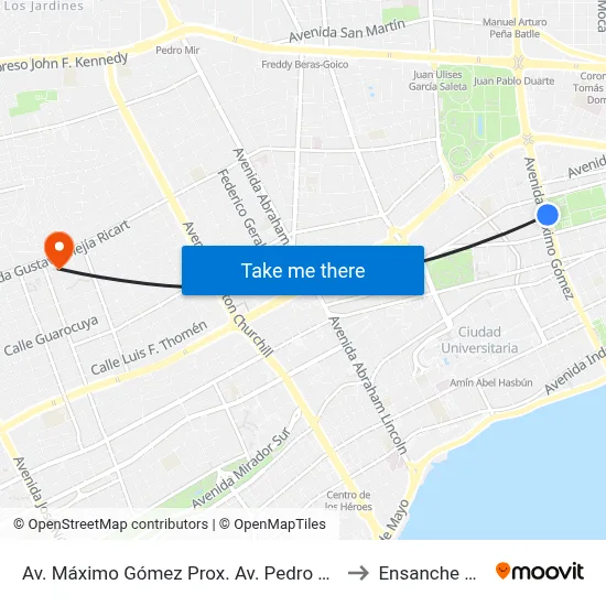Av. Máximo Gómez Prox. Av. Pedro Henriquez Ureña to Ensanche Piantini map
