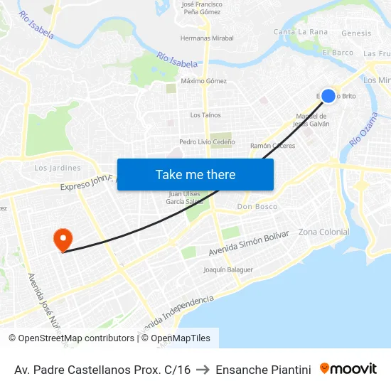 Av. Padre Castellanos Prox. C/16 to Ensanche Piantini map