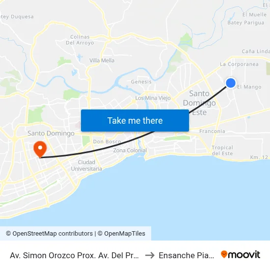 Av. Simon Orozco Prox. Av. Del Progreso to Ensanche Piantini map