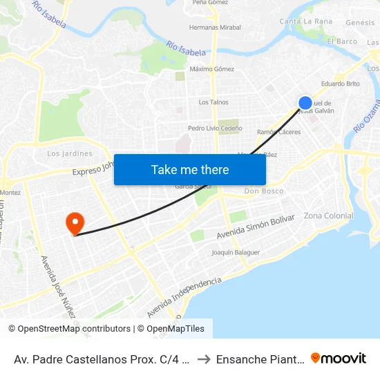 Av. Padre Castellanos Prox. C/4 Sur to Ensanche Piantini map
