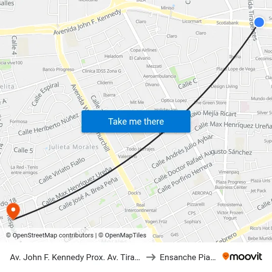 Av. John F. Kennedy Prox. Av. Tiradentes to Ensanche Piantini map