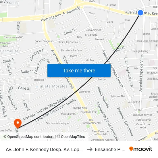 Av. John F. Kennedy Desp. Av. Lope De Vega to Ensanche Piantini map