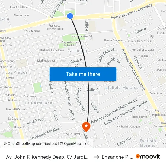 Av. John F. Kennedy Desp. C/ Jardines De Kyoto to Ensanche Piantini map