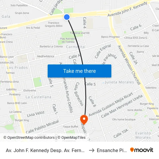 Av. John F. Kennedy Desp. Av. Fernando Defilló to Ensanche Piantini map
