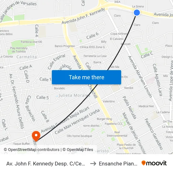 Av. John F. Kennedy Desp. C/Central to Ensanche Piantini map