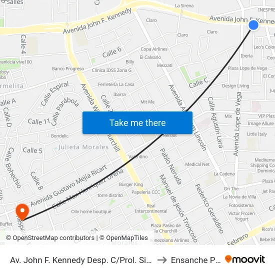 Av. John F. Kennedy Desp. C/Prol. Siervas De María to Ensanche Piantini map