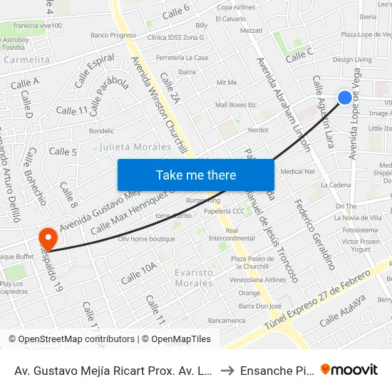 Av. Gustavo Mejía Ricart Prox. Av. Lope De Vega to Ensanche Piantini map