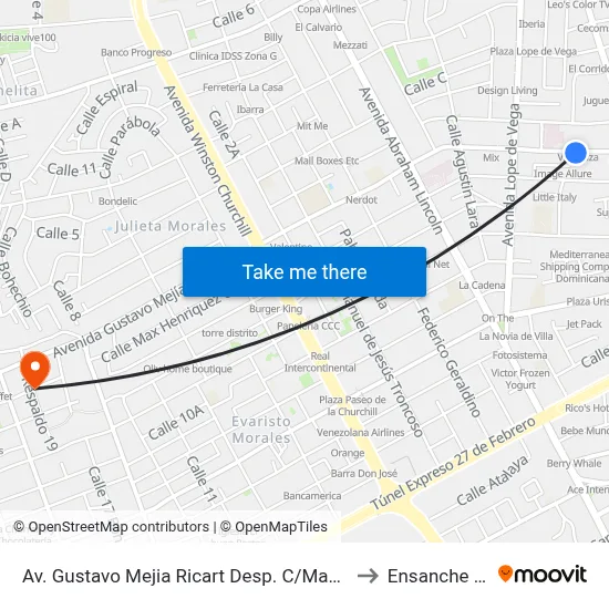 Av. Gustavo Mejia Ricart Desp. C/Manuel De Jesús Goico to Ensanche Piantini map