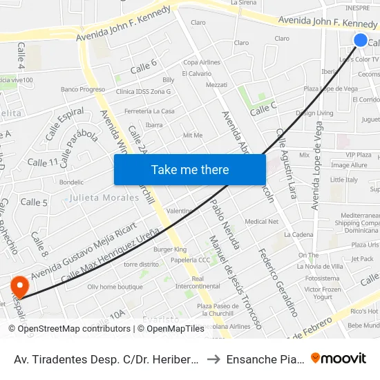 Av. Tiradentes Desp. C/Dr. Heriberto Pieter to Ensanche Piantini map