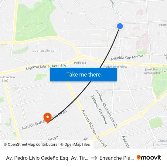 Av. Pedro Livio Cedeño Esq. Av. Tiradentes to Ensanche Piantini map