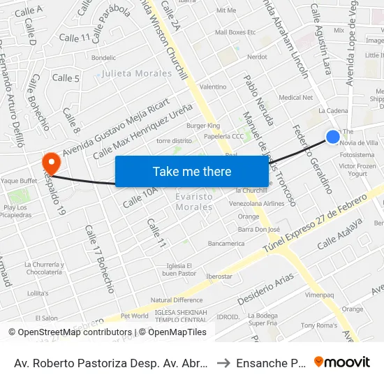 Av. Roberto Pastoriza Desp. Av. Abraham Lincoln to Ensanche Piantini map