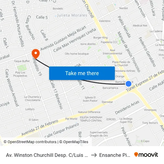 Av. Winston Churchill Desp. C/Luis F. Thomen to Ensanche Piantini map