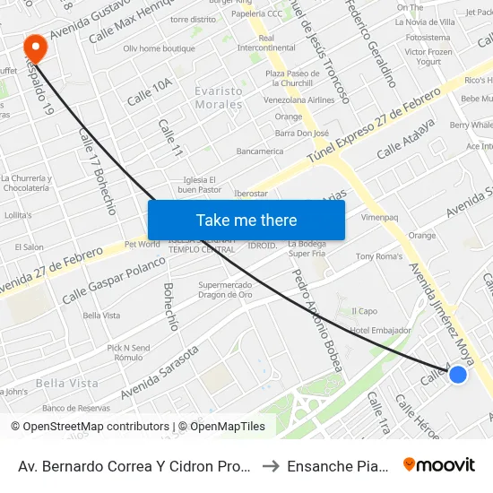 Av. Bernardo Correa Y Cidron Prox. C/7 to Ensanche Piantini map
