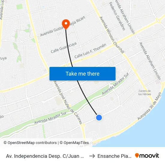 Av. Independencia Desp. C/Juan Bautista to Ensanche Piantini map