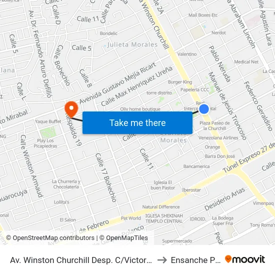 Av. Winston Churchill Desp. C/Victor Garrido Puello to Ensanche Piantini map