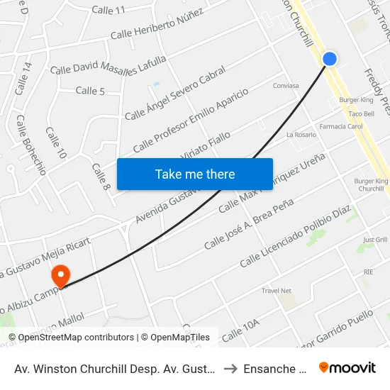 Av. Winston Churchill Desp. Av. Gustavo Mejia Ricart to Ensanche Piantini map