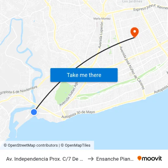 Av. Independencia Prox. C/7 De Abril to Ensanche Piantini map