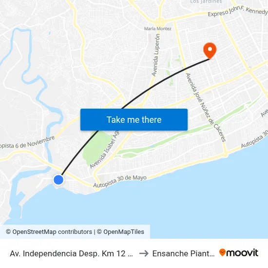 Av. Independencia Desp. Km 12 1/2 to Ensanche Piantini map