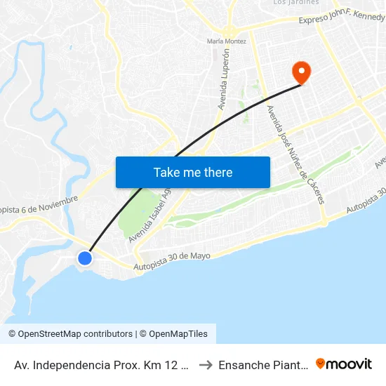 Av. Independencia Prox. Km 12 1/2 to Ensanche Piantini map