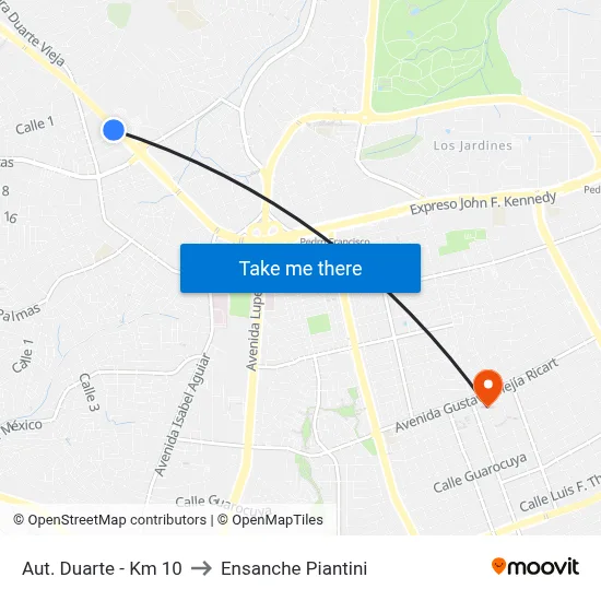 Aut. Duarte - Km 10 to Ensanche Piantini map