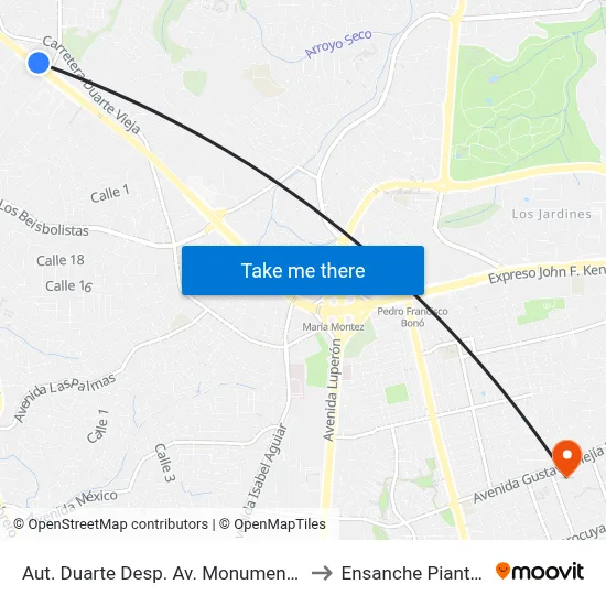 Aut. Duarte Desp. Av. Monumental to Ensanche Piantini map