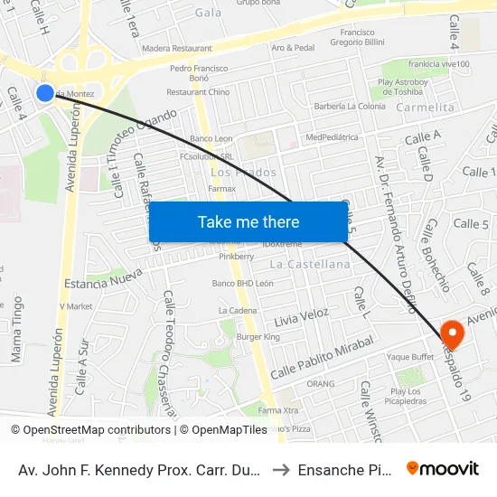 Av. John F. Kennedy Prox. Carr. Duarte Vieja to Ensanche Piantini map