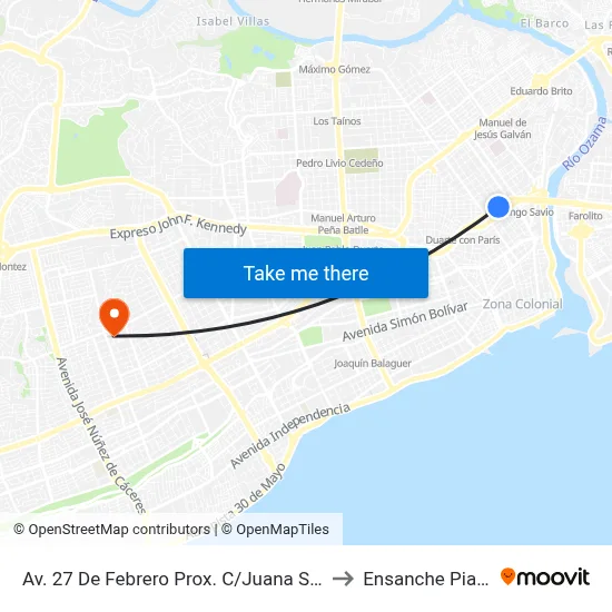 Av. 27 De Febrero Prox. C/Juana Saltitopa to Ensanche Piantini map