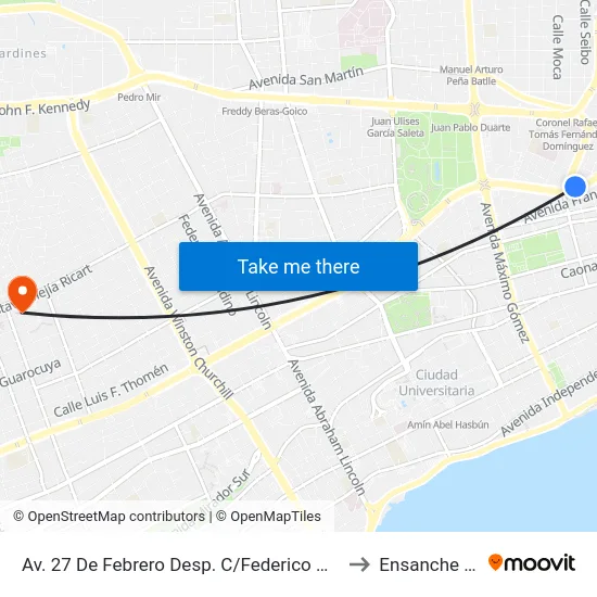 Av. 27 De Febrero Desp. C/Federico Henríquez Y Carvajal to Ensanche Piantini map