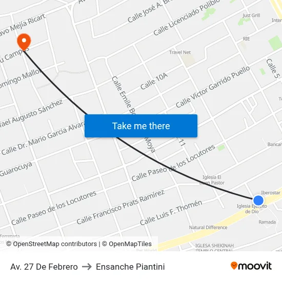 Av. 27 De Febrero to Ensanche Piantini map