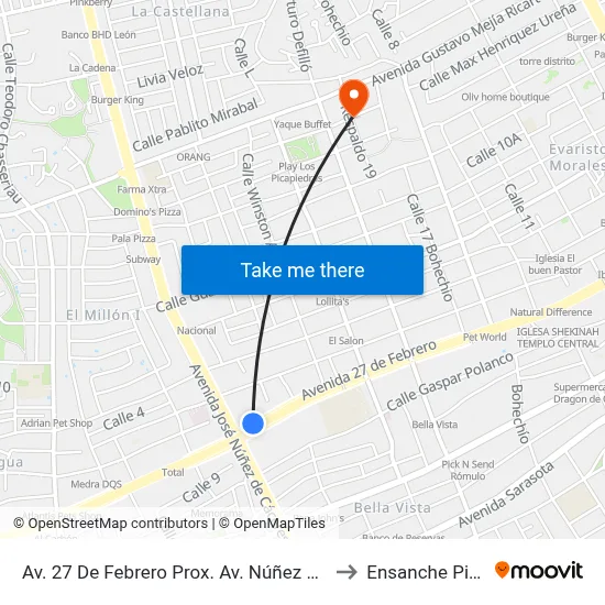 Av. 27 De Febrero Prox. Av. Núñez De Cáceres to Ensanche Piantini map