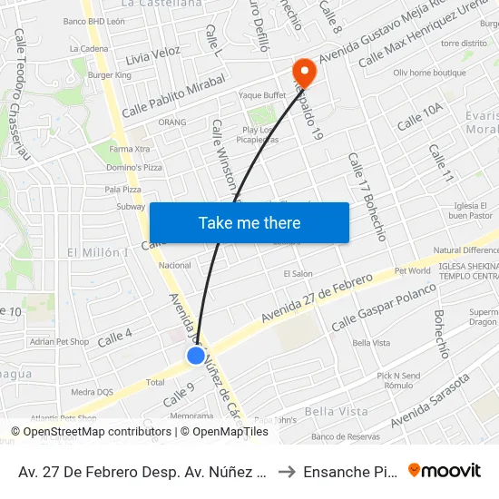 Av. 27 De Febrero Desp. Av. Núñez De Cáceres to Ensanche Piantini map