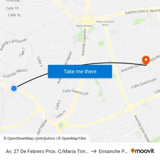 Av. 27 De Febrero Prox. C/Maria Trinidad Sanchez to Ensanche Piantini map