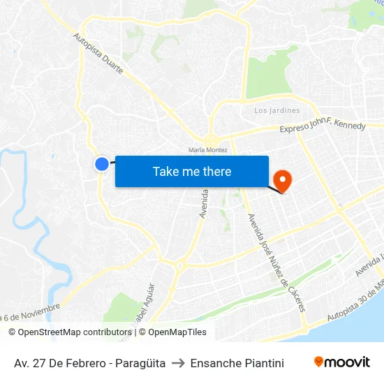 Av. 27 De Febrero - Paragüita to Ensanche Piantini map