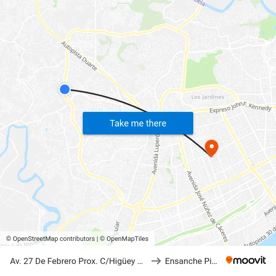 Av. 27 De Febrero Prox. C/Higüey Aguacate to Ensanche Piantini map