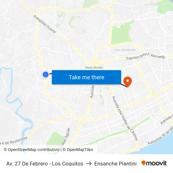 Av. 27 De Febrero - Los Coquitos to Ensanche Piantini map