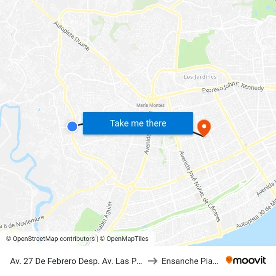 Av. 27 De Febrero Desp. Av. Las Palmas to Ensanche Piantini map