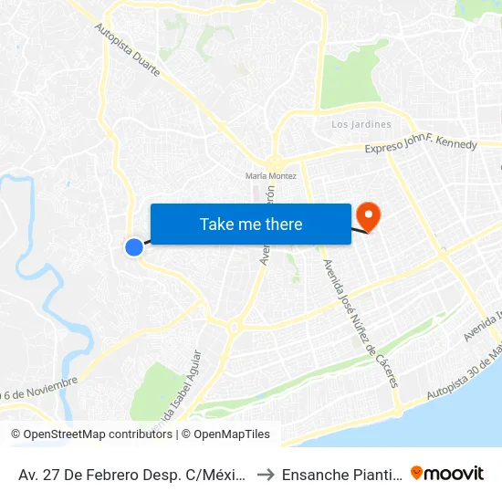 Av. 27 De Febrero Desp. C/México to Ensanche Piantini map