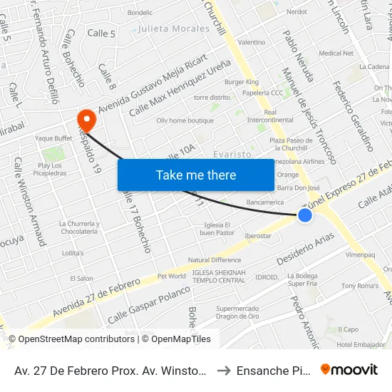 Av. 27 De Febrero Prox. Av. Winston Churchill to Ensanche Piantini map