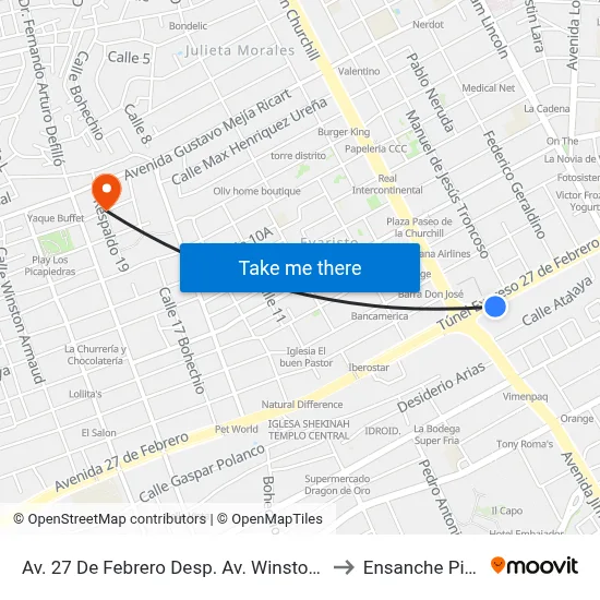 Av. 27 De Febrero Desp. Av. Winston Churchill to Ensanche Piantini map