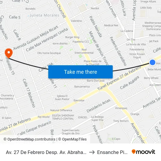 Av. 27 De Febrero Desp. Av. Abraham Lincoln to Ensanche Piantini map