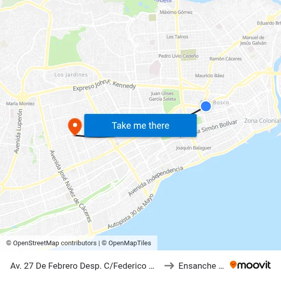 Av. 27 De Febrero Desp. C/Federico Henríquez Y Carvajal to Ensanche Piantini map