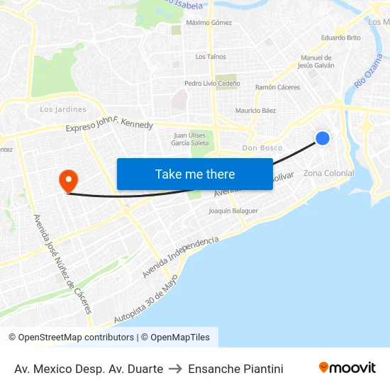 Av. Mexico Desp. Av. Duarte to Ensanche Piantini map