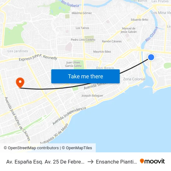 Av. España Esq. Av. 25 De Febrero to Ensanche Piantini map