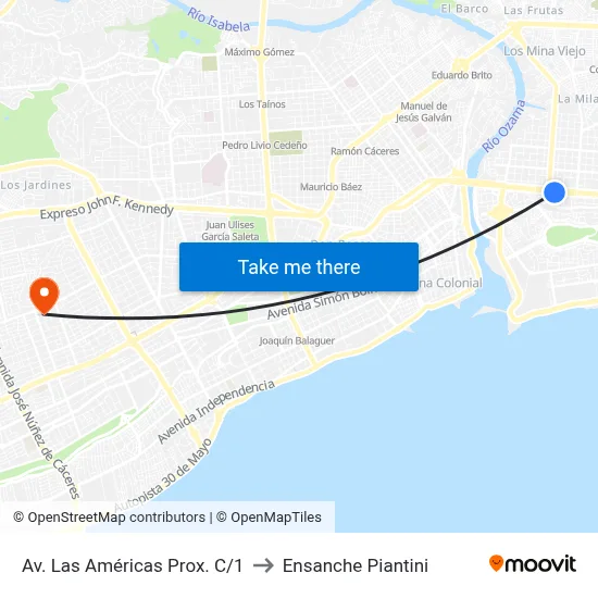 Av. Las Américas Prox. C/1 to Ensanche Piantini map