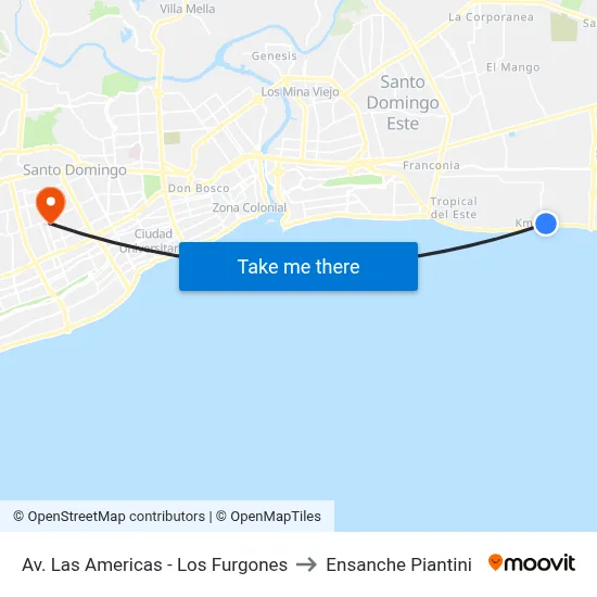 Av. Las Americas - Los Furgones to Ensanche Piantini map