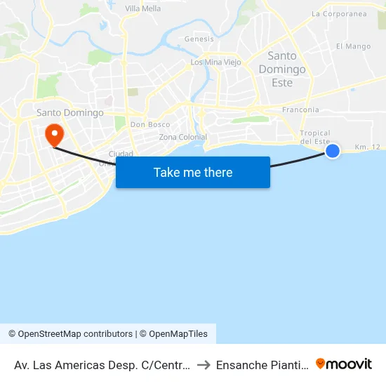 Av. Las Americas Desp. C/Central to Ensanche Piantini map